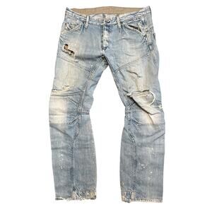 G-Star Raw Elwood Custom Lt Blue Distressed Denim Straight Leg Jeans Mens 36 L34